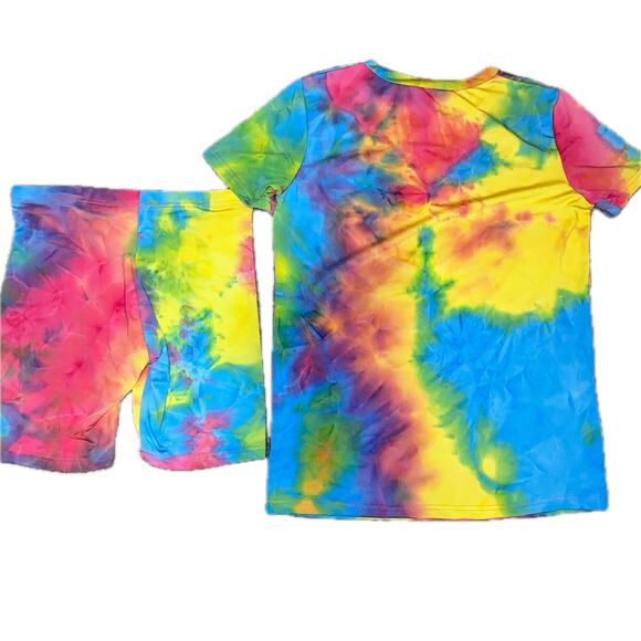 New Large Gay Pride Tie Dye Rainbow Summer Bike Short Tee‎ Set Outfit Colorful - Picture 1 of 4